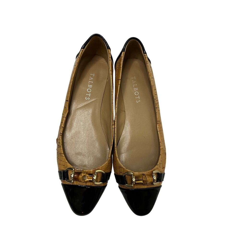 Talbots womens flats cork black patent cap toe and heel bamboo hardware Size 7.5
